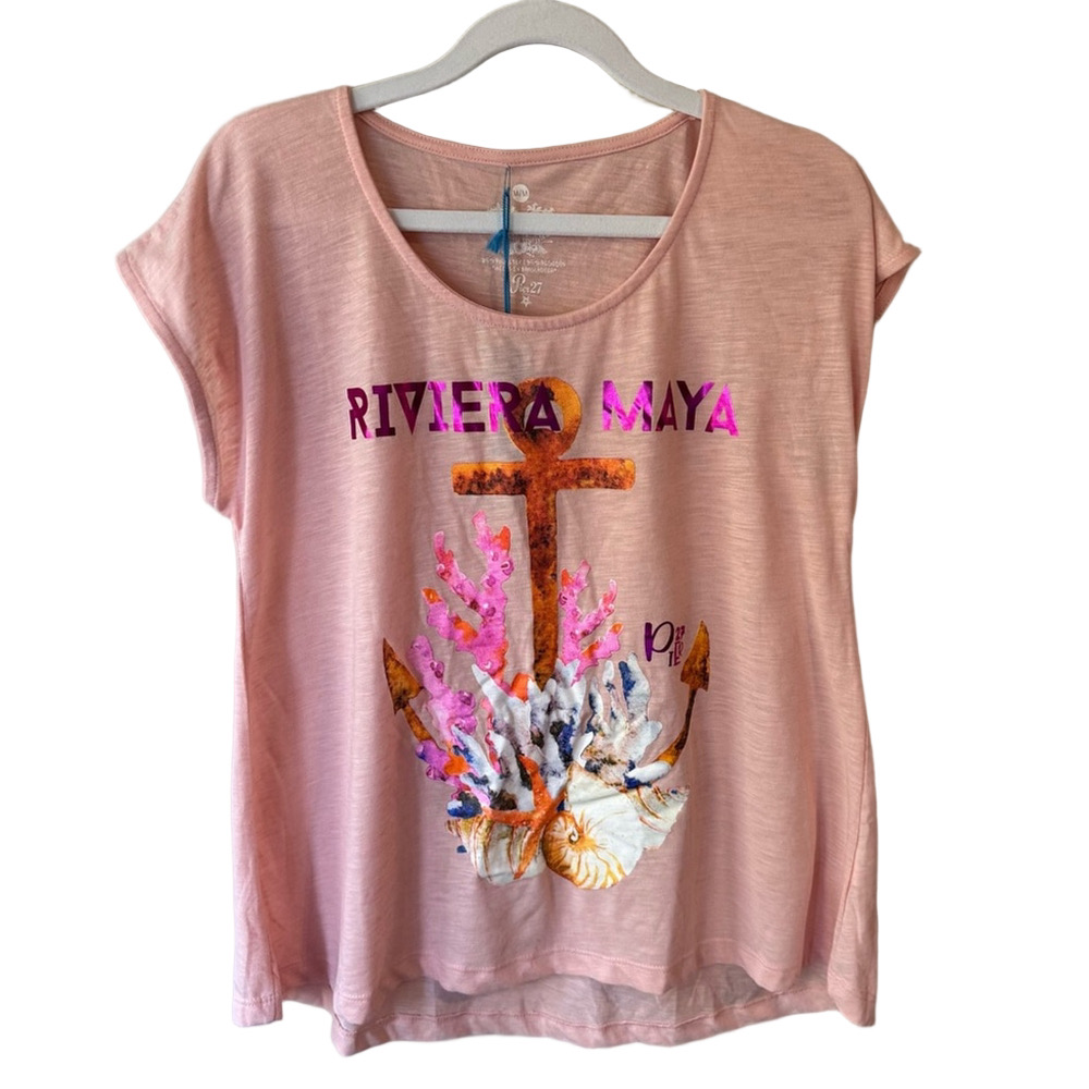New Mayan Riviera Pink Orange Graphic Cap Sleeve T-Shirt women’s M Resort